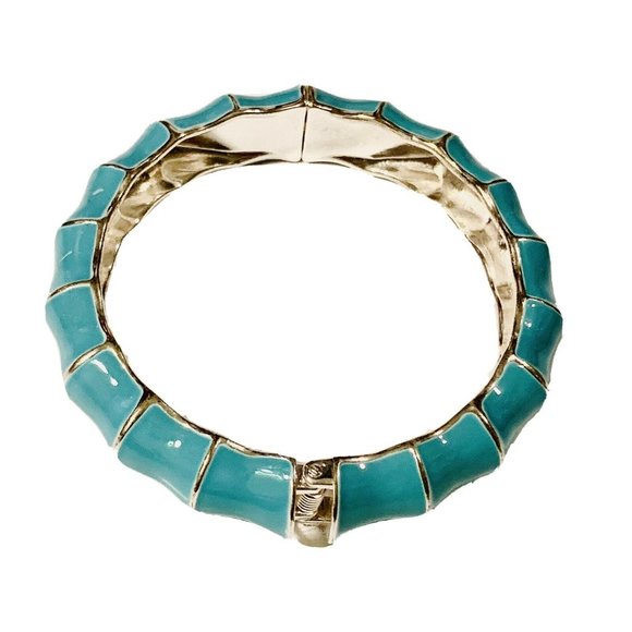 Premier Designs Wavy Blue Enamel Bamboo Hinged Bangle Bracelet - Picture 2 of 7